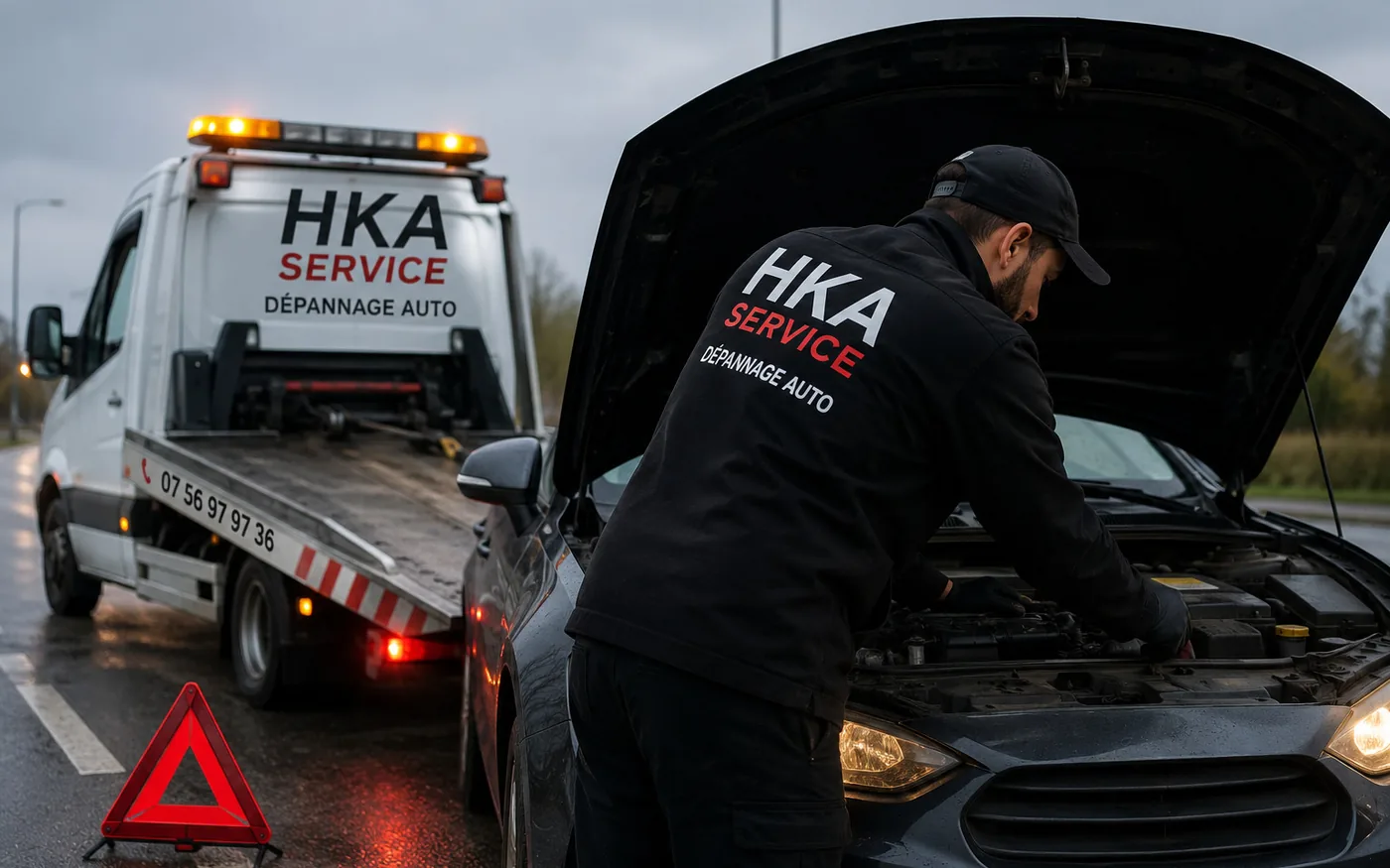 Camion de dépannage jaune en intervention en ville