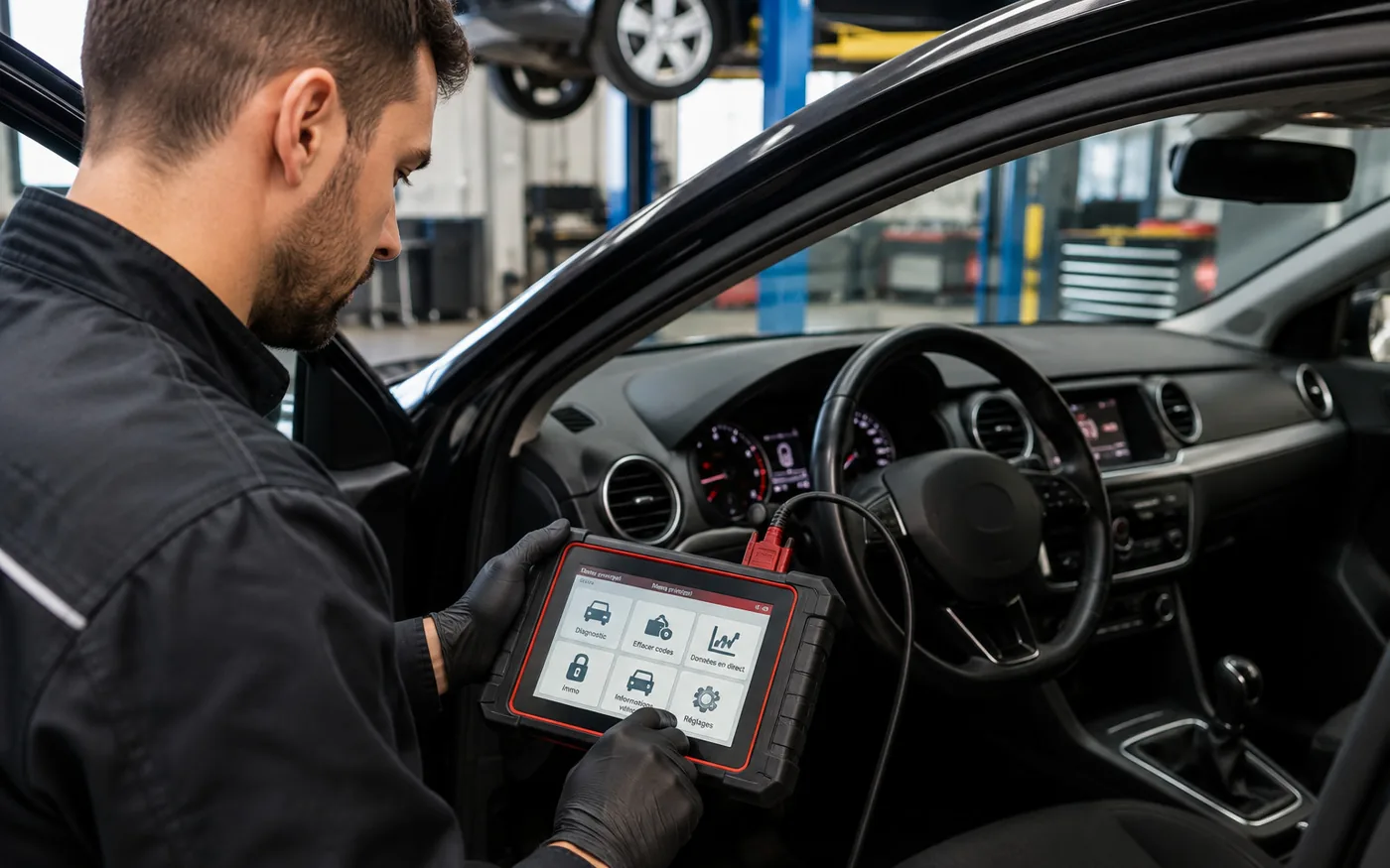 Technicien intervenant dans le compartiment moteur d’une voiture